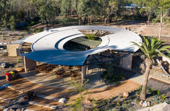 Waterhole cafe at taronga western plains zoo dubbo- lysaght longline roofing in circular application-colorbond-steel-cool-roofing
