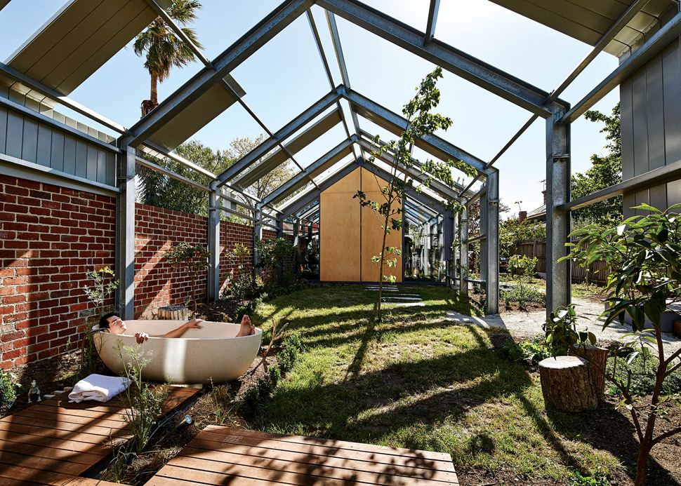 Structural steel ribs are mostly all that exist between outdoor bathing and a big sky