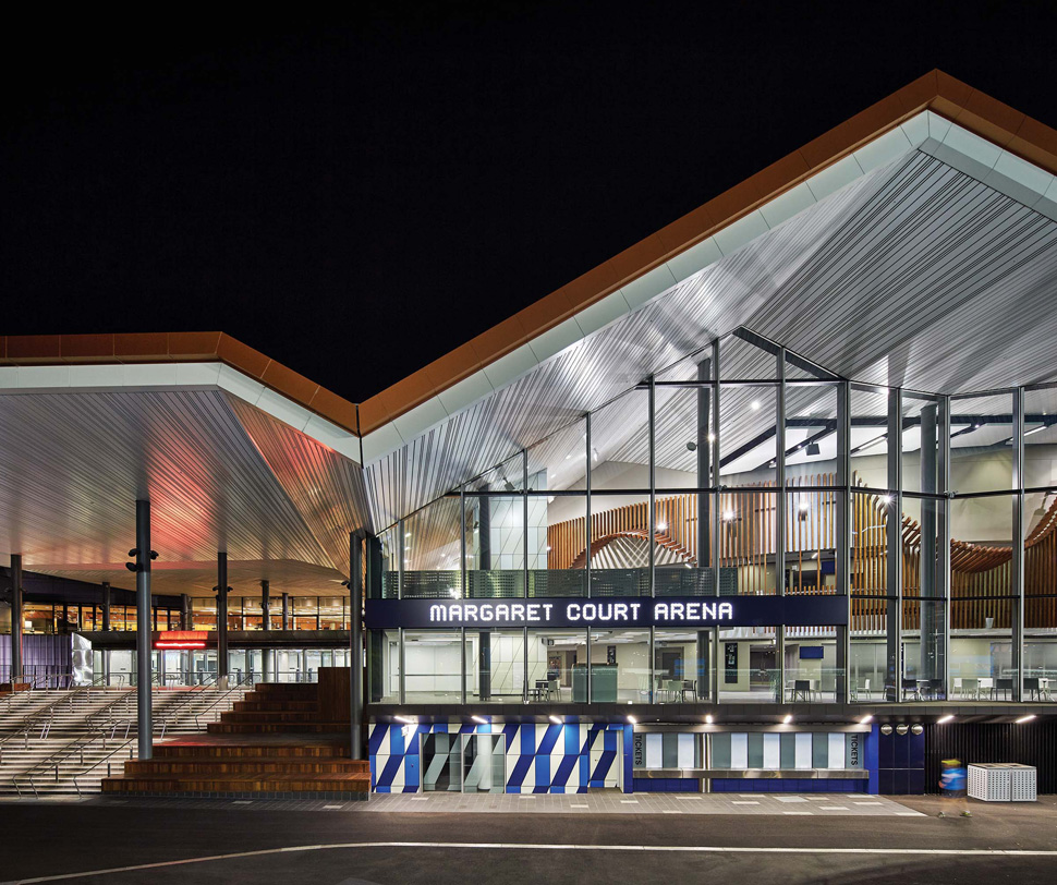 A dramatic roof profile of folded strength invests the project with a distinctive signature