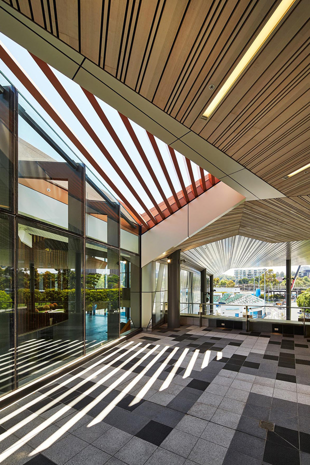 The lowered roofline and ceiling are balanced by an active use of skylights and materials to maintain spatial generosity and daylight connection