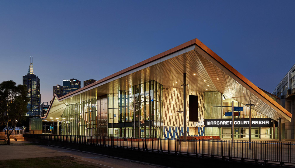 Athletic, taut and defined by an origami-inspired roof, Margaret Court Arena provides stellar helicopter views and sublime interiors