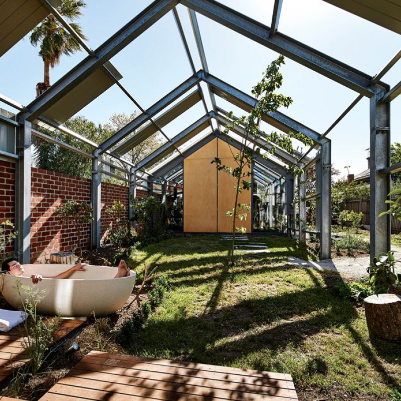 Structural steel ribs are mostly all that exist between outdoor bathing and a big sky