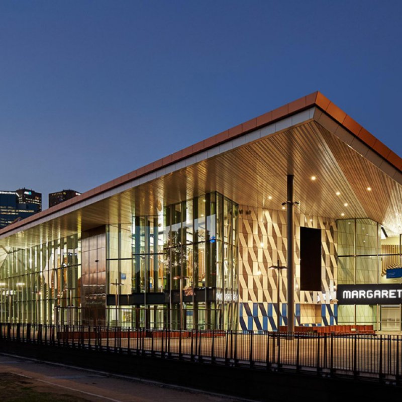 Athletic, taut and defined by an origami-inspired roof, Margaret Court Arena provides stellar helicopter views and sublime interiors